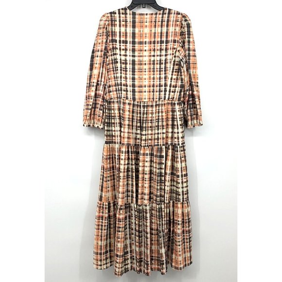 Joie Tobey Dress Multi Plaid Pink Midi Maxi V Neck Cotton 3/4 Sleeve - Picture 13 of 16